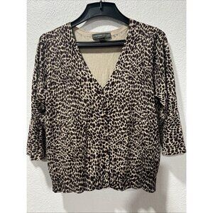 Josephine Chaus Sweater L Ivory Brown Leopard Button Up Cardigan 3/4 Sleeve Silk